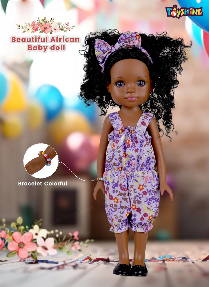 Toyshine 35CM Realistic Curly Haired African American Baby Doll Imaginative Pretend Play Toy Birthday Gift for Girls Kids Age 3 and Above (Purple Dress) - Image 2