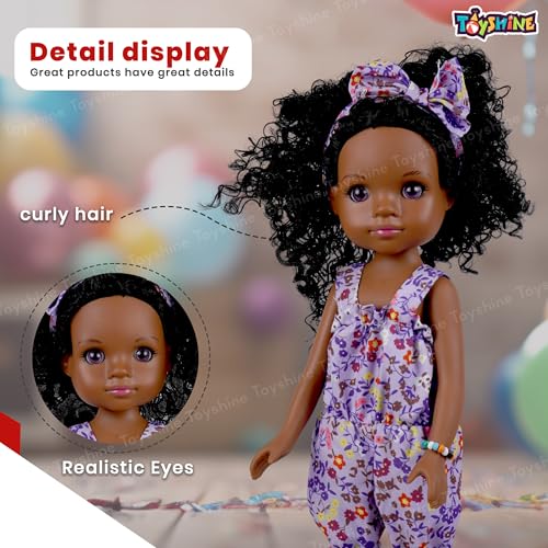 Toyshine 35CM Realistic Curly Haired African American Baby Doll Imaginative Pretend Play Toy Birthday Gift for Girls Kids Age 3 and Above (Purple Dress) - Image 4
