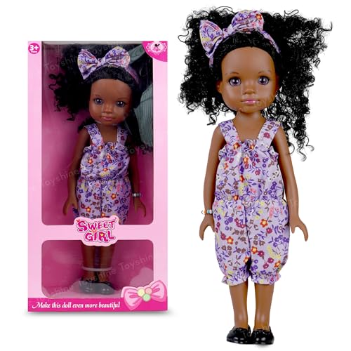 Toyshine 35CM Realistic Curly Haired African American Baby Doll Imaginative Pretend Play Toy Birthday Gift for Girls Kids Age 3 and Above (Purple Dress) - Image 1