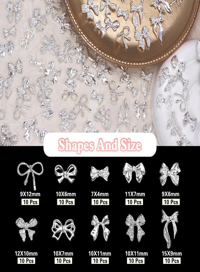 CESUSME 100 Pcs Silver Bow Nail Charms Y2K, 10 Styles Alloy Nail Bows Charms for Nail Art, Shiny Metal Bowknot Nail Art Charms for Nails Art Design DIY Accessories - Image 2