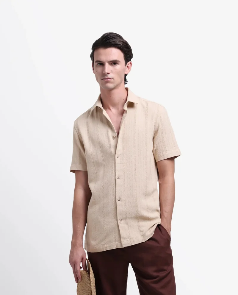 Rare Rabbit Rare Rabbit Men's Zolt Khaki Cotton Fabric Short Sleeve Collared Neck Button Closure Striped Shirt