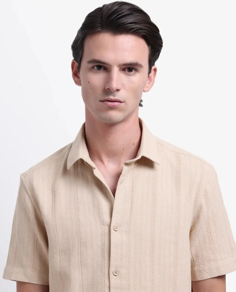Rare Rabbit Rare Rabbit Men's Zolt Khaki Cotton Fabric Short Sleeve Collared Neck Button Closure Striped Shirt