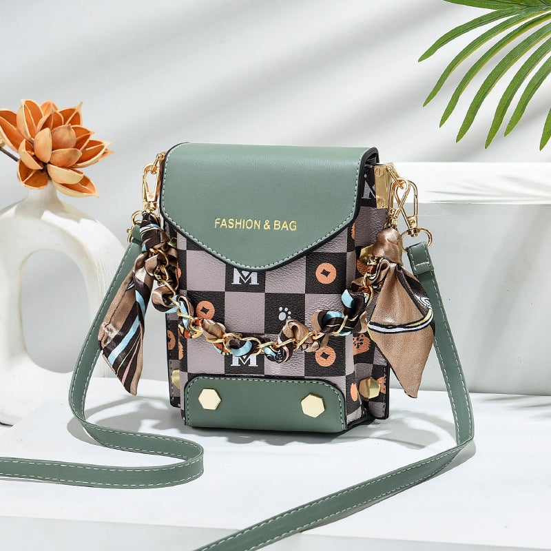 Plaid Printed Silk Scarf Mobile Phone Bag Chain Shoulder Popular Crossbody Bag Vertical Small Square Bag High-End Mini Mobile Phone Bag - Image 3