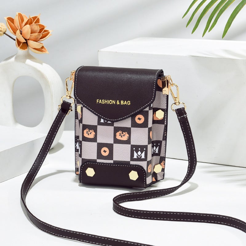 Plaid Printed Silk Scarf Mobile Phone Bag Chain Shoulder Popular Crossbody Bag Vertical Small Square Bag High-End Mini Mobile Phone Bag - Image 1