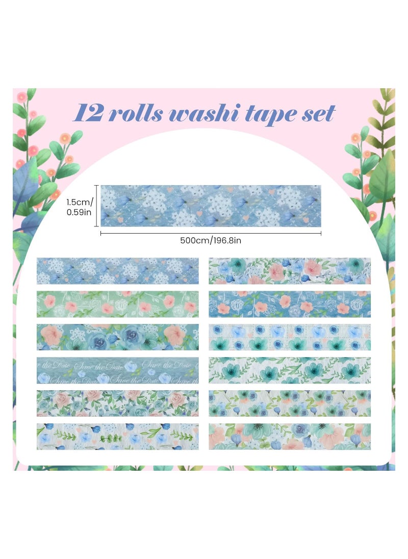 Generic Blue Floral Washi Tape, 12 Rolls Watercolor Rose Washi Masking Tape 15 mm Flower Pattern Decorative Paper Sticker for Scrapbook Journal Supplies Planners DIY Crafts Card Making  - Image 5