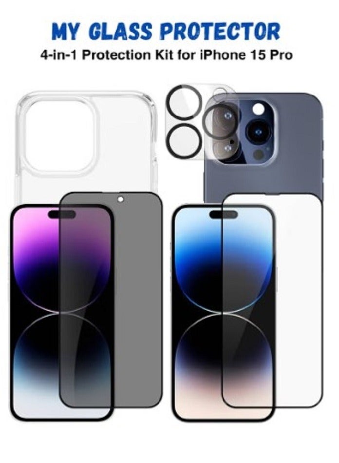 بكج حماية 4 في 1 لهاتف أبل ايفون 15 برو . شاشة حماية زجاج ضد الكسر والخدوش . شاشة حماية لقافة . كفر صلب شفاف . حماية عدسة الكاميرا - Image 1