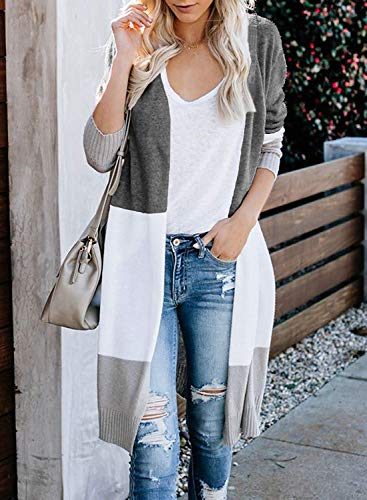 CARDYDONY Women's Plus Striped Open Front Boho Duster Cardigan Gray A M - Image 2