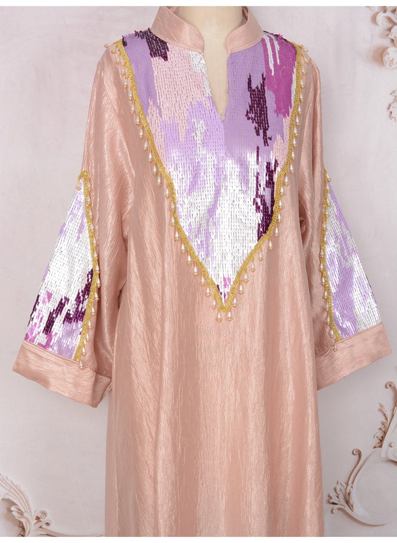 Kaiyuede Dubai Dusty Pink Purple Gradient Sequin Pearl Abaya | Mandarin Collar Opaque Lined Modest Dress for Eid & Wedding - Image 2
