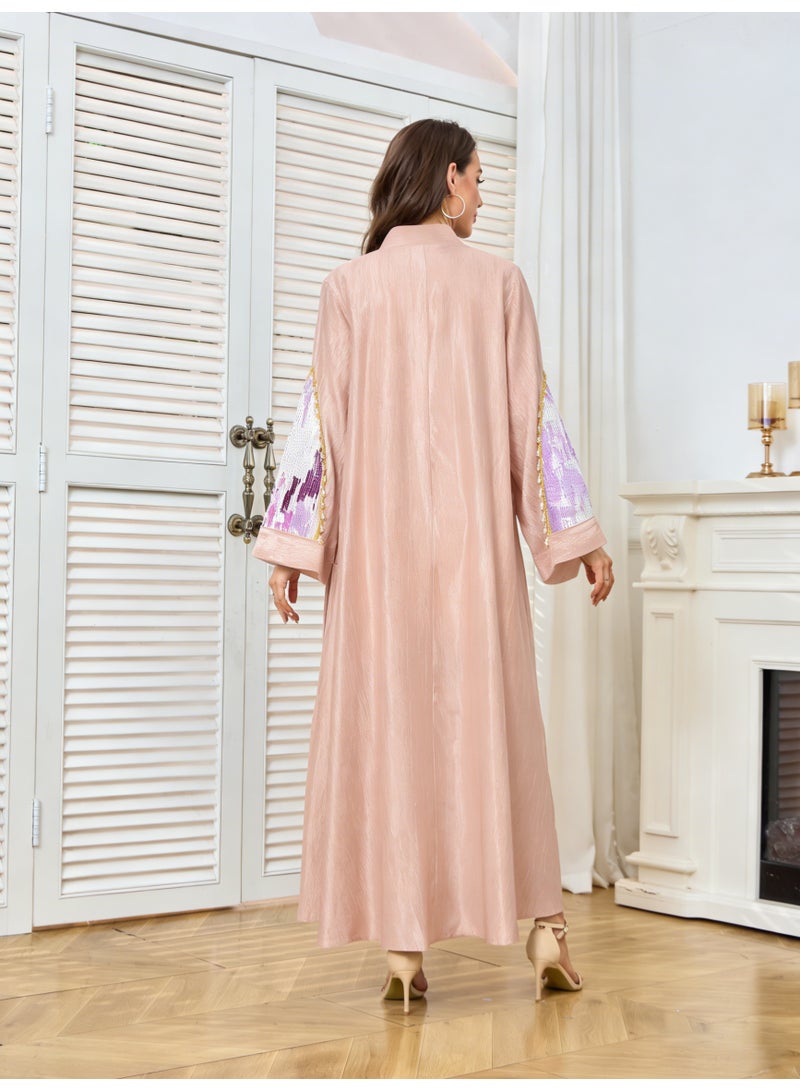 Kaiyuede Dubai Dusty Pink Purple Gradient Sequin Pearl Abaya | Mandarin Collar Opaque Lined Modest Dress for Eid & Wedding - Image 3