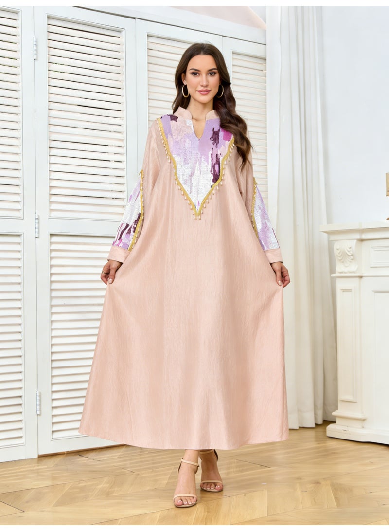 Kaiyuede Dubai Dusty Pink Purple Gradient Sequin Pearl Abaya | Mandarin Collar Opaque Lined Modest Dress for Eid & Wedding - Image 1