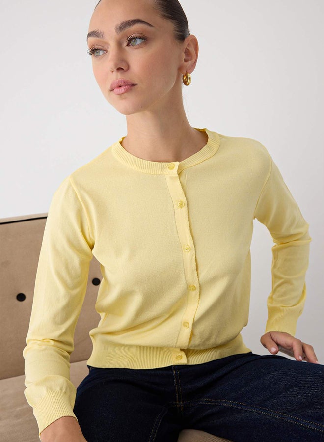 trendyol Wardrobe Essentials Yellow Premium Yarn Mercerized Look Crew Neck Knitwear Cardigan | - Image 2