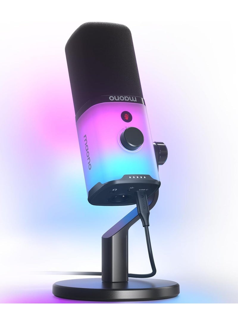 ماونو ميكروفون ألعاب XLR/USB مع برنامج، ميكروفون ديناميكي للكمبيوتر بإضاءة RGB للبث، وتسجيل البودكاست والصوتيات، ميكروفون كمبيوتر مع خاصية إلغاء الضوضاء، زر كتم الصوت، زر تحكم في الكسب، وحامل مكتبي – PD100X - Image 1
