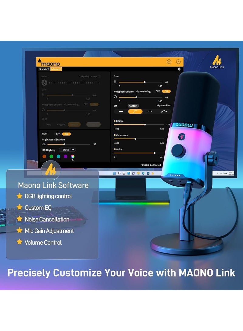 ماونو ميكروفون ألعاب XLR/USB مع برنامج، ميكروفون ديناميكي للكمبيوتر بإضاءة RGB للبث، وتسجيل البودكاست والصوتيات، ميكروفون كمبيوتر مع خاصية إلغاء الضوضاء، زر كتم الصوت، زر تحكم في الكسب، وحامل مكتبي – PD100X - Image 5