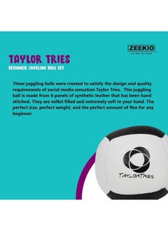 Zeekio - Taylor Tries Signature Beginner Juggling Ball Set - for Beginners, All Levels & All Ages - 6 Panel Synthetic Leather Ball Durable - 110 Grams 62mm - Set of 3