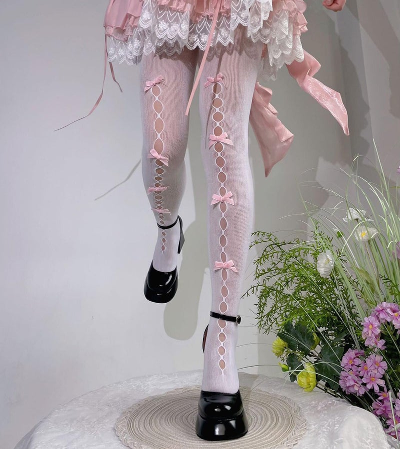 Dorilin Womens Fishnet Tights with Bows 80S 90S Lolita Stockings Gothic Hosiery (US, Alpha, One Size, Regular, Regular, B- White tights with pink bow) - Image 3