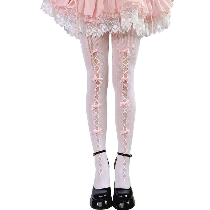 Dorilin Womens Fishnet Tights with Bows 80S 90S Lolita Stockings Gothic Hosiery (US, Alpha, One Size, Regular, Regular, B- White tights with pink bow) - Image 1