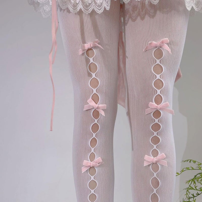 Dorilin Womens Fishnet Tights with Bows 80S 90S Lolita Stockings Gothic Hosiery (US, Alpha, One Size, Regular, Regular, B- White tights with pink bow) - Image 4