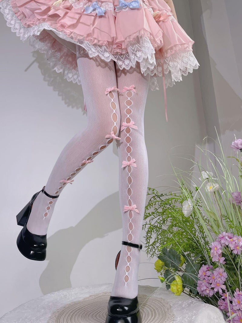 Dorilin Womens Fishnet Tights with Bows 80S 90S Lolita Stockings Gothic Hosiery (US, Alpha, One Size, Regular, Regular, B- White tights with pink bow) - Image 2