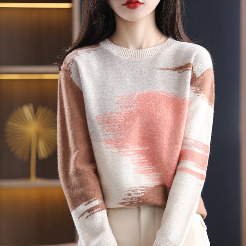 Korean Style Womens Loose Color-Block Knit Sweater Orange camel color matching