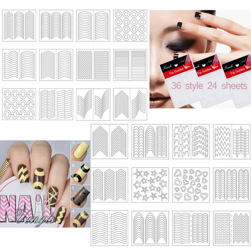 SIPLIV French Nail Tip Guide Heart Star Wave Smile Shapes Nail Stencil Stickers DIY Nail Art Nail Accessories 36 Style 24 Sheets with A Nail Art Set(5Pcs) - Image 2