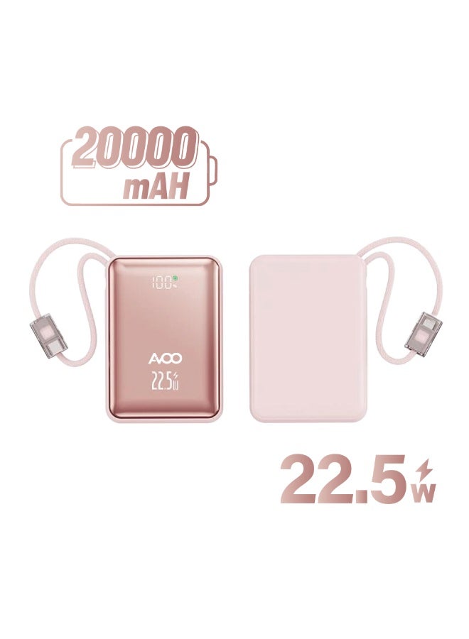أفو باور بنك شحن متنقل صغير وخفيف 20000mAh شحن سريع PD مع سلكين مدمجين – بطارية متنقلة بلون الوردي الأنيق للآيفون وسامسونج وأندرويد - Image 1