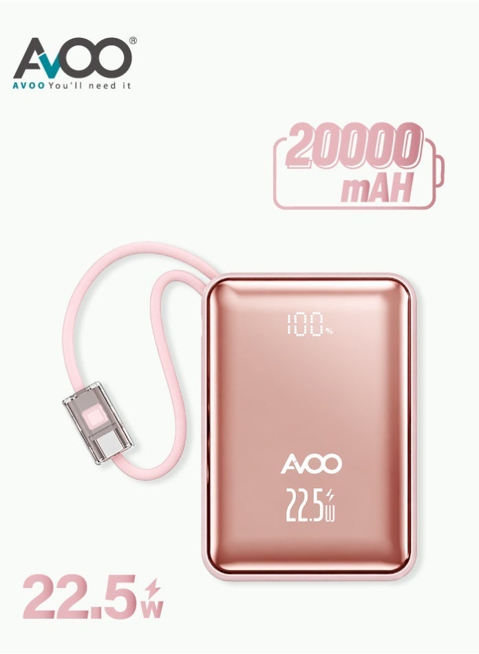 أفو باور بنك شحن متنقل صغير وخفيف 20000mAh شحن سريع PD مع سلكين مدمجين – بطارية متنقلة بلون الوردي الأنيق للآيفون وسامسونج وأندرويد - Image 1