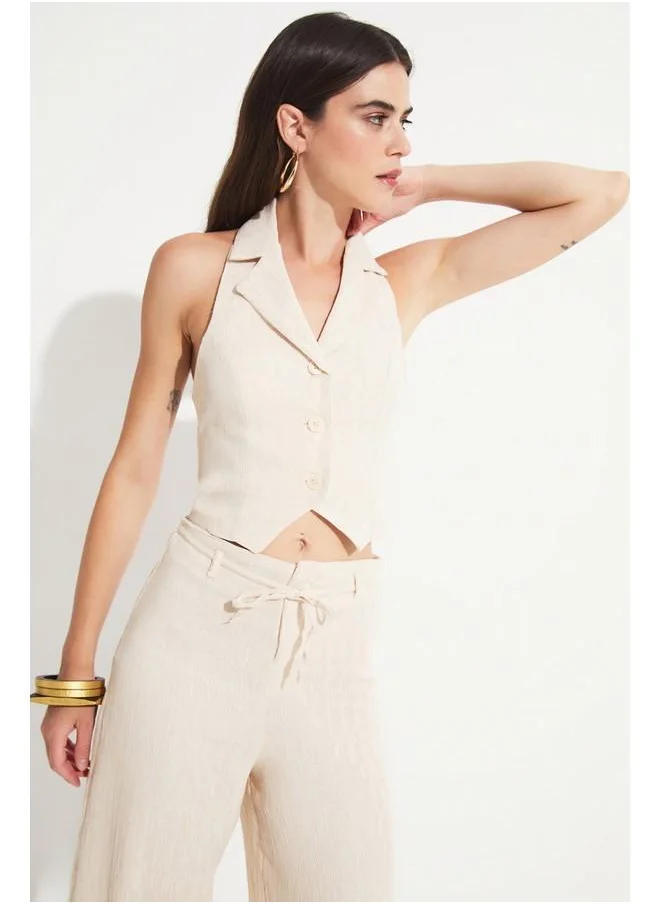 جون June Women Viscose Blend Vest Trouser Set Beige