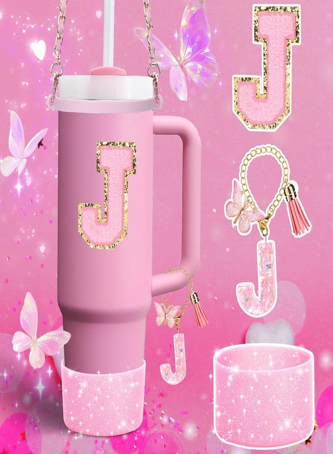 Mity rain 9PCS Pink Cup Accessories Set for Stanley Cup 30oz 40oz tumbler with handle - Includes Strap,Straw Bow Decorate,Straw Topper,Boot,Spill Proof Stoppers,Handle Charms,Sticker (Initials J) - Image 5