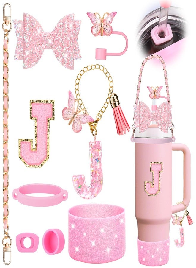 Mity rain 9PCS Pink Cup Accessories Set for Stanley Cup 30oz 40oz tumbler with handle - Includes Strap,Straw Bow Decorate,Straw Topper,Boot,Spill Proof Stoppers,Handle Charms,Sticker (Initials J) - Image 1
