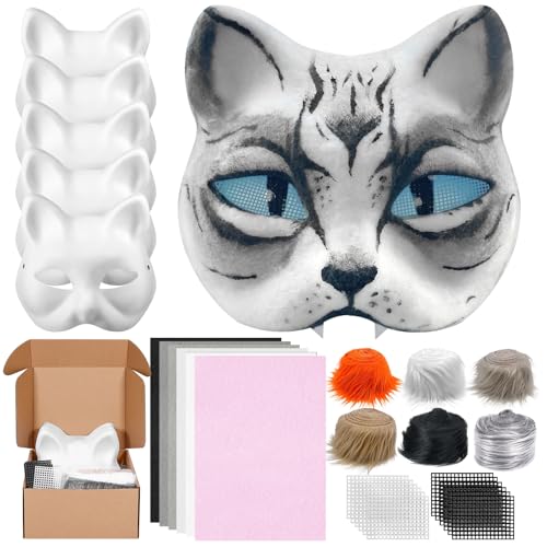 Draupnir 6Pcs Therian Mask Kit Cat Fox Mask with Felt Fabric Sheet Fur and Eye Mesh DIY Blank White Paper Cat Face Mask to Paint - Image 1