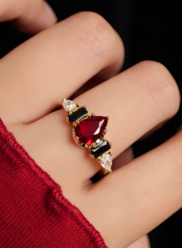 Vintage Haute Couture Original Design Niche Red and Black Gemstone Teardrop Open End Ring - Image 1