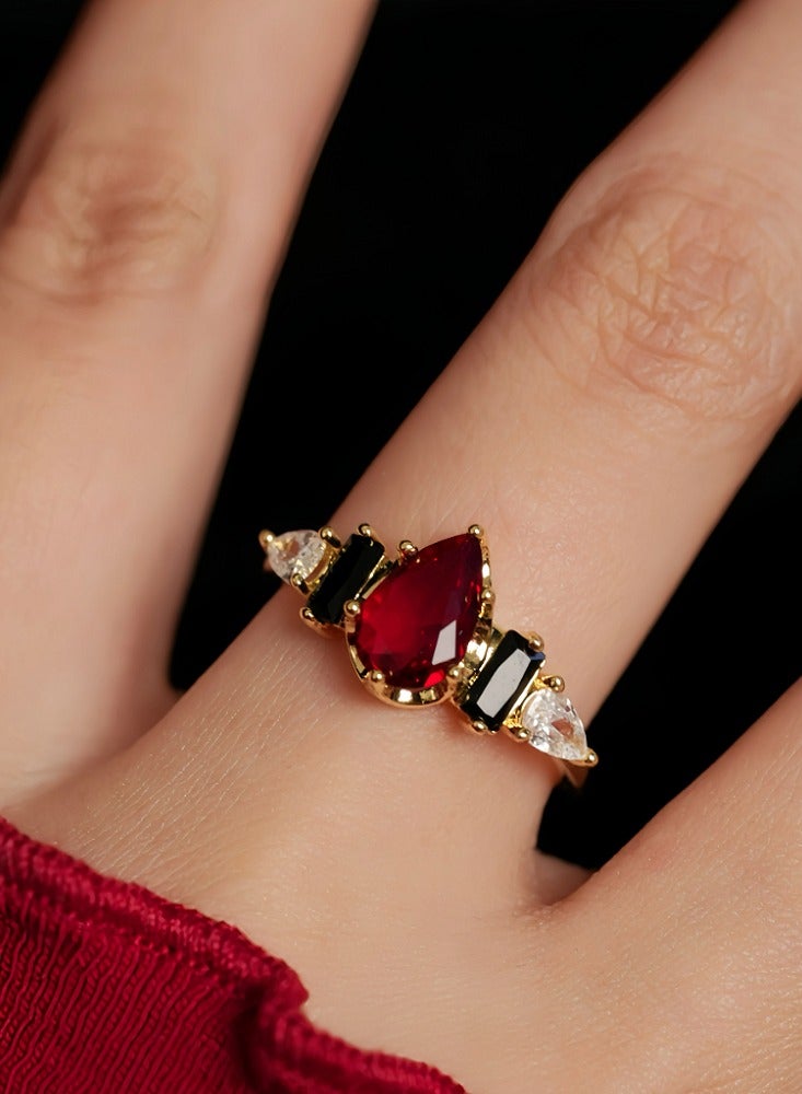 Vintage Haute Couture Original Design Niche Red and Black Gemstone Teardrop Open End Ring - Image 2