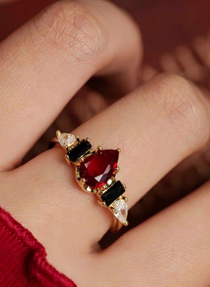 Vintage Haute Couture Original Design Niche Red and Black Gemstone Teardrop Open End Ring - Image 3