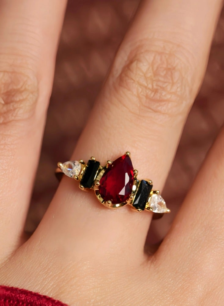 Vintage Haute Couture Original Design Niche Red and Black Gemstone Teardrop Open End Ring - Image 4