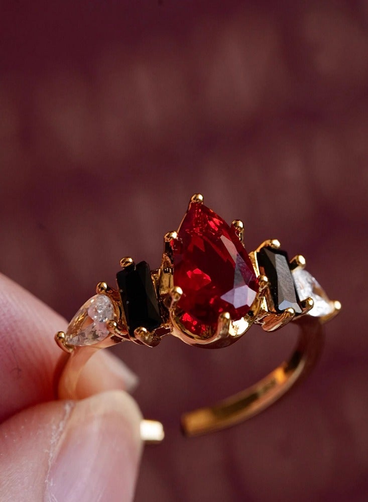Vintage Haute Couture Original Design Niche Red and Black Gemstone Teardrop Open End Ring - Image 5