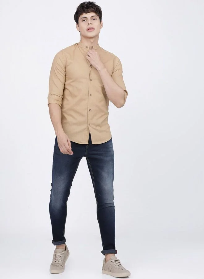 The Indian Garage Co Men Slim Fit Solid Full Sleeves Mandarin Collar Casual Shirt