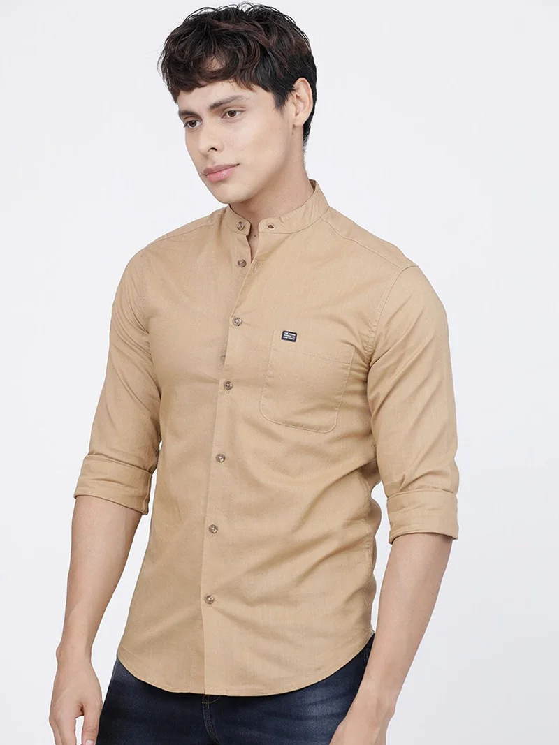 The Indian Garage Co Men Slim Fit Solid Full Sleeves Mandarin Collar Casual Shirt