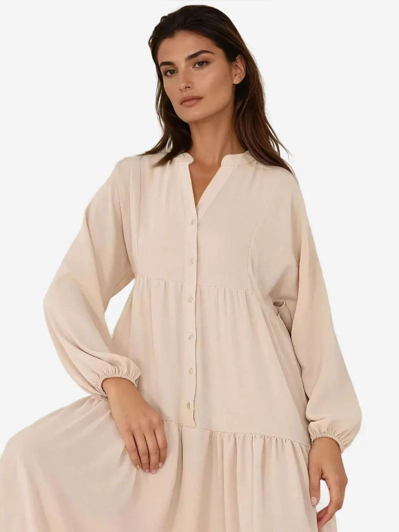 زوبعة فستان ماكسي بياقة على شكل حرف  مزين بأزرار