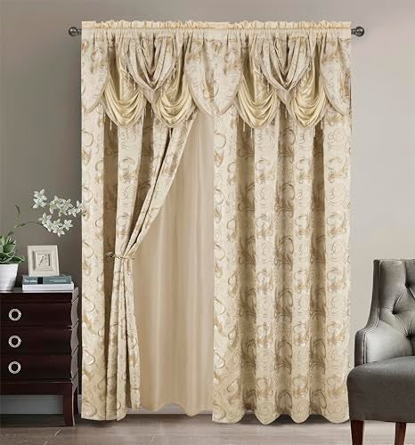 GLORY RUGS Jacquard Luxury Window 2 Panel Set Beige Curtain with Attached Valance and Backing Bedroom Living Room Dining 2 Curtains 55x84 inches Each Jana - Image 1