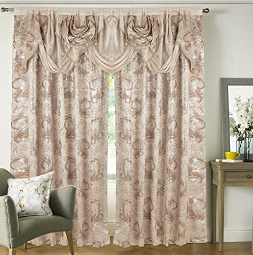 GLORY RUGS Jacquard Luxury Window 2 Panel Set Beige Curtain with Attached Valance and Backing Bedroom Living Room Dining 2 Curtains 55x84 inches Each Jana - Image 4
