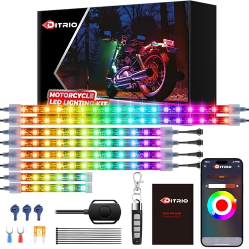 DITRIO 8Pcs Motorcycle Led Underglow Kit with Brake Turn Signal, Motorcycle RGB Lights with DITRIO APP/RF Remote Control, Dual Zone,12V Waterproof Pixelglow Effects for Motorcycles, Golf Carts, ATVs, UTVs - Image 1
