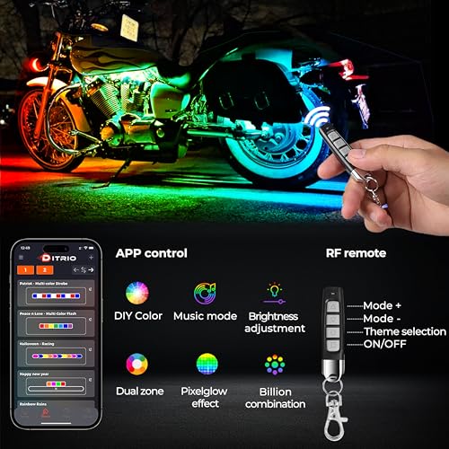 DITRIO 8Pcs Motorcycle Led Underglow Kit with Brake Turn Signal, Motorcycle RGB Lights with DITRIO APP/RF Remote Control, Dual Zone,12V Waterproof Pixelglow Effects for Motorcycles, Golf Carts, ATVs, UTVs - Image 2