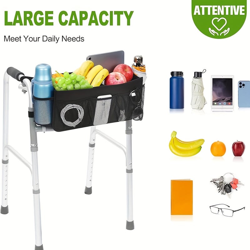 Foldable Walking Basket With Cup Holder And Dividers Large Capacity Detachable Walker Bag For Mobility Aid Black - Image 2