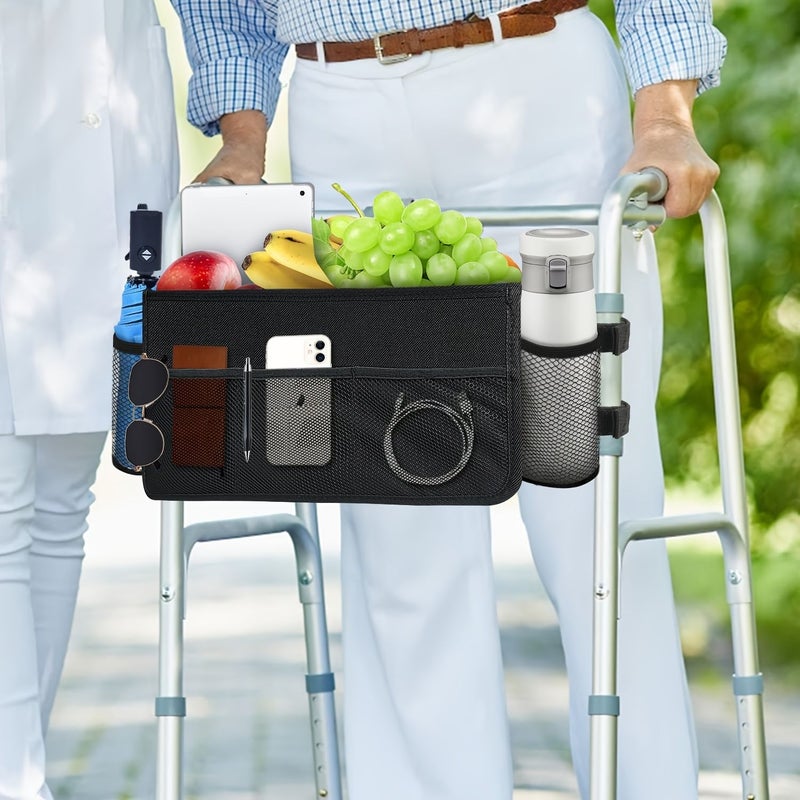 Foldable Walking Basket With Cup Holder And Dividers Large Capacity Detachable Walker Bag For Mobility Aid Black - Image 4