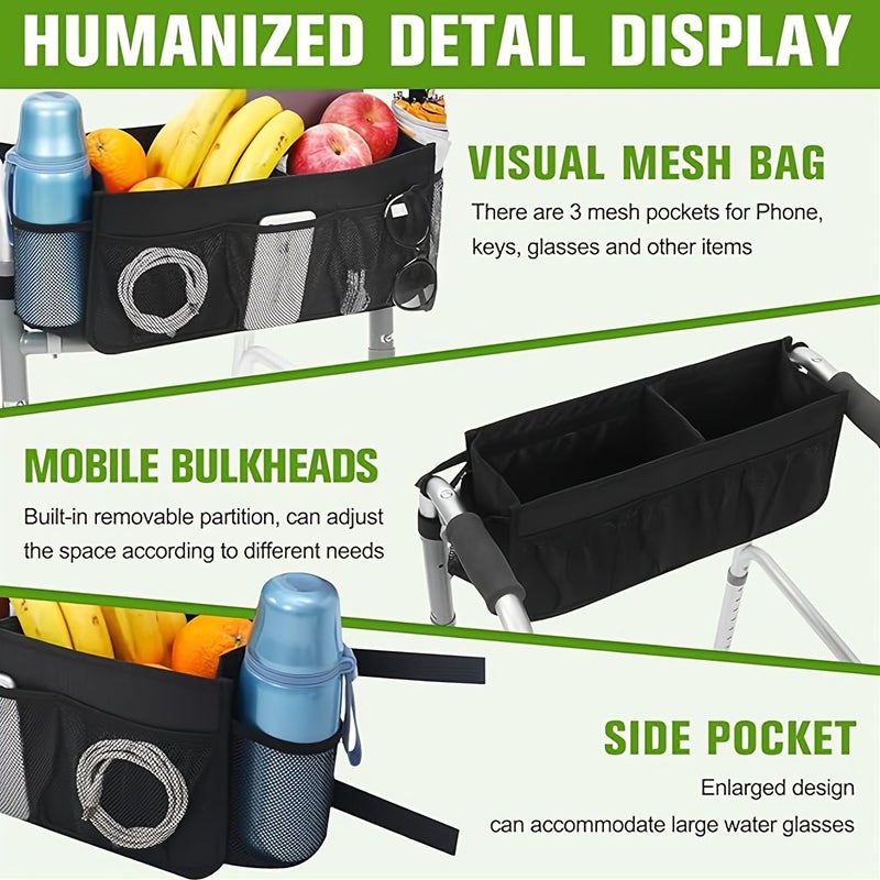 Foldable Walking Basket With Cup Holder And Dividers Large Capacity Detachable Walker Bag For Mobility Aid Black - Image 5