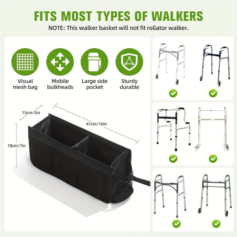 Foldable Walking Basket With Cup Holder And Dividers Large Capacity Detachable Walker Bag For Mobility Aid Black - Image 3