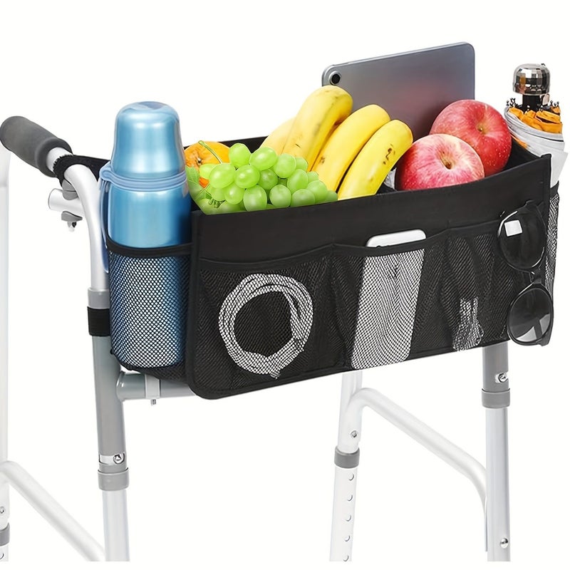 Foldable Walking Basket With Cup Holder And Dividers Large Capacity Detachable Walker Bag For Mobility Aid Black - Image 1