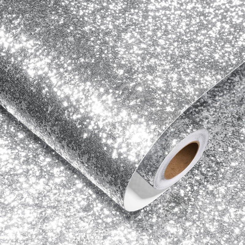 Decotalk Silver Glitter Wallpaper Peel and Stick for Walls Removable Sparkle Wallpaper 177x120 Glitter Contact Paper Silver Wall Paper Sparkle Chunky Sequins Vinyl for Crafts Party Decorative
