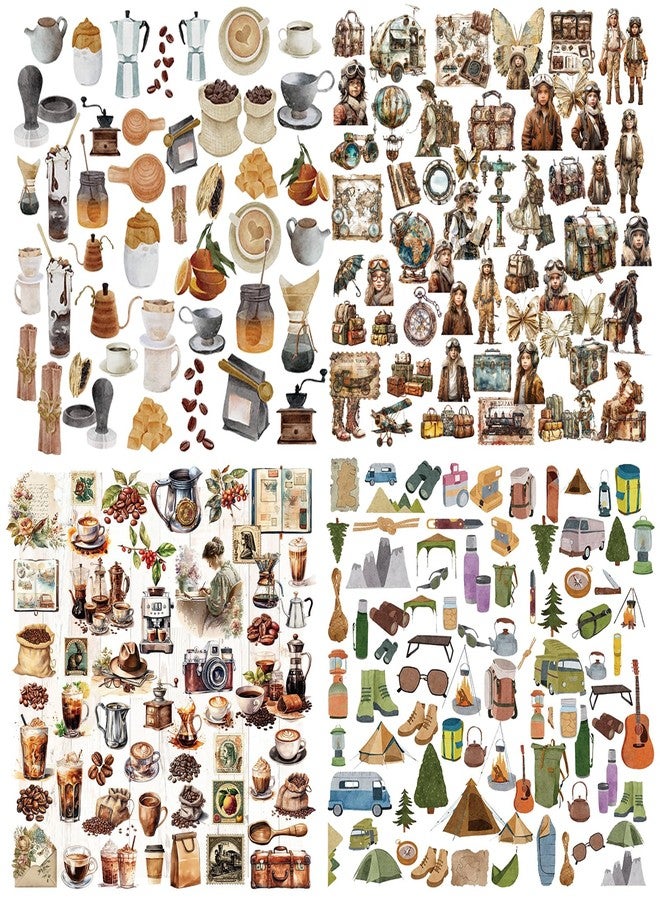 CATaireen Clear Stickers for Scrapbooking Journaling Vintage Junk Journal Supplies Transparent Sulfuric Acid Paper Self Adhesive Crafts Decals Kit Floral Plants Decoration (195pcs Travel Coffee) - Image 1