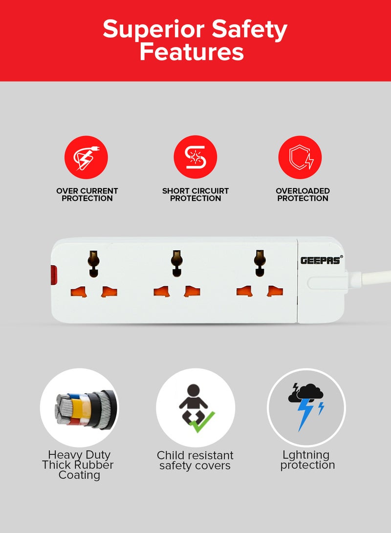 GEEPAS 3 Way Extension Socket 13A - Charge Multiple Devices with Child Safe, Extra Long Cord & Over Current Protected | Ideal For All Electronic Devices, 3m White - Image 4
